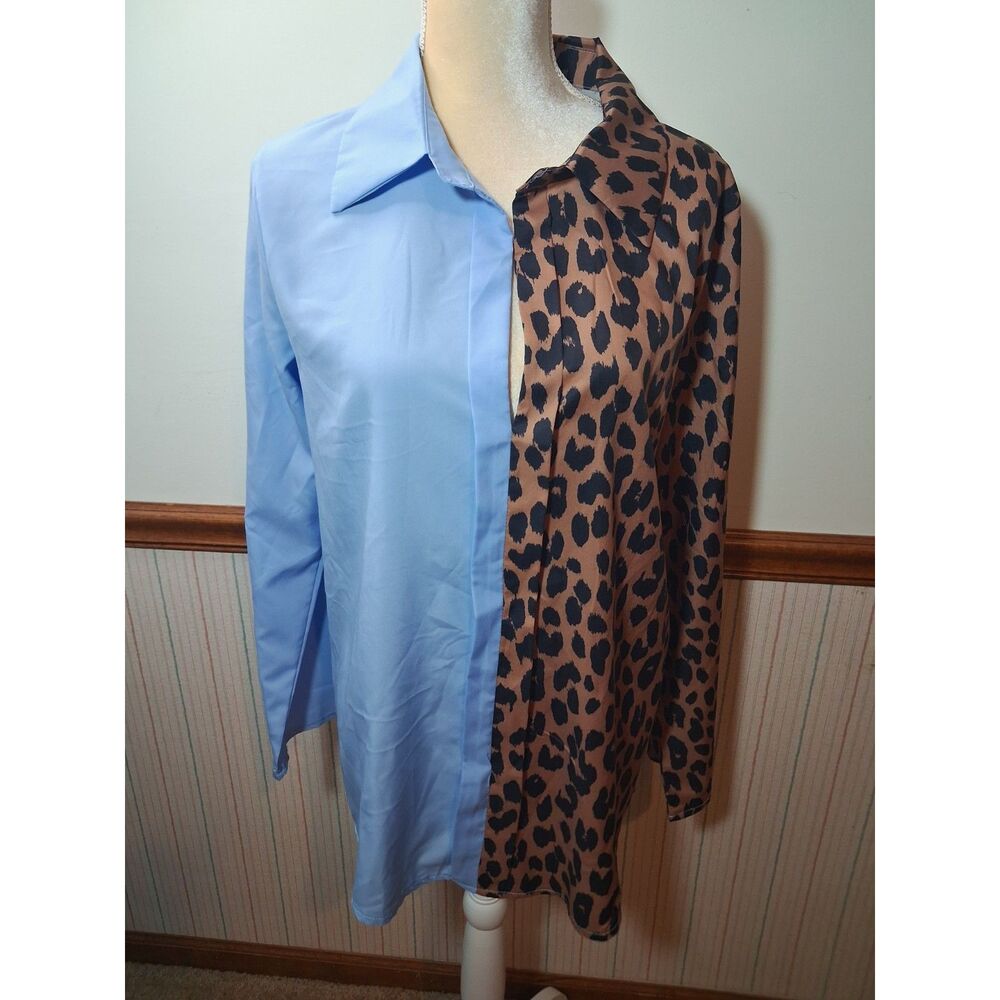 Coeur de Vague Blue & Animal Print Silky Blouse Top - Size XL